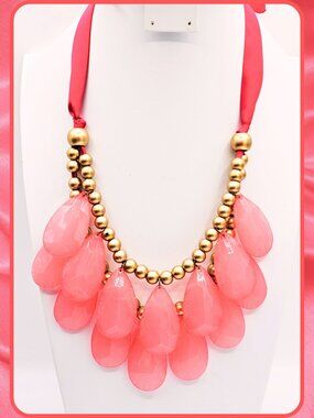 Coral Pink Statement Necklace Gold Beads Ribbon Tie Bib Necklace